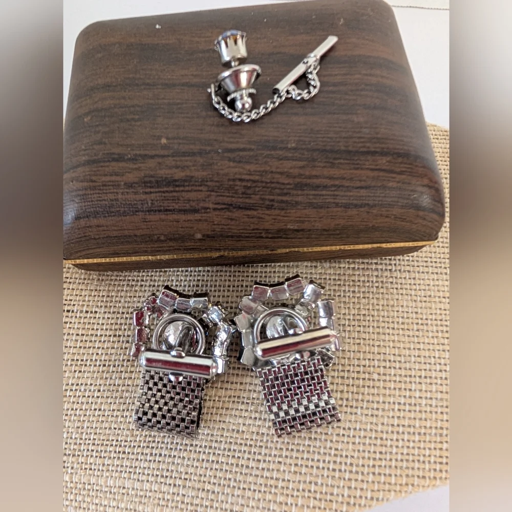 Vintage Cufflinks Blue Rhinestones and Silver With Tie Tac.